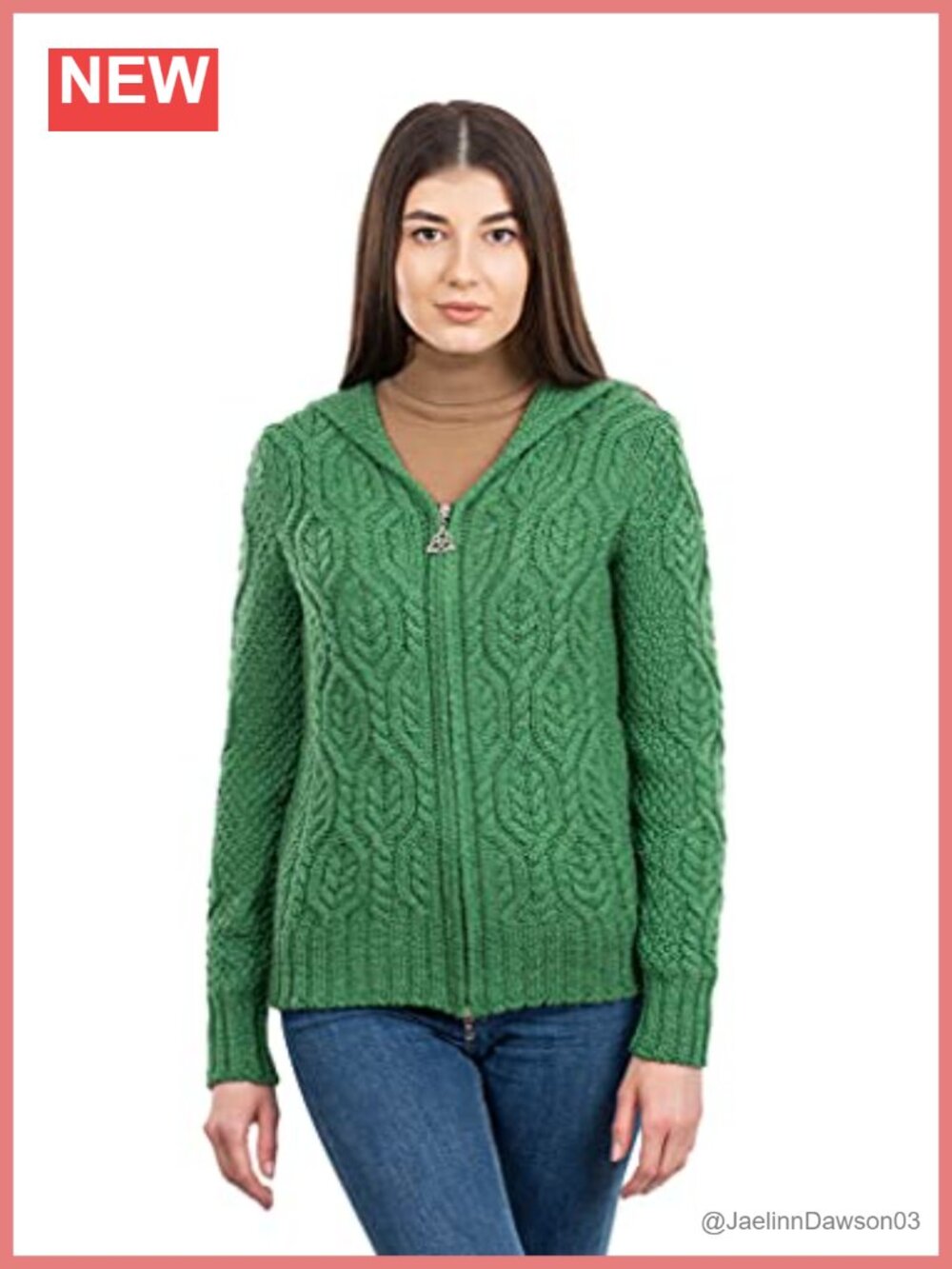 Merino Wool Hooded Zip Cardigan Aran Cable Knit Sweater